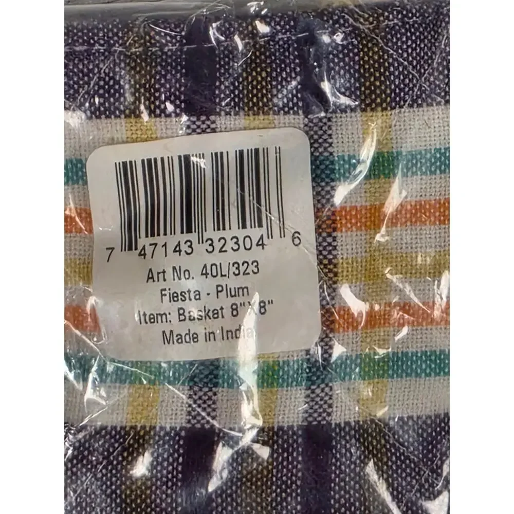 Fiesta Plum Plaid Fabric Bread Basket 8x8 Cotton NOS